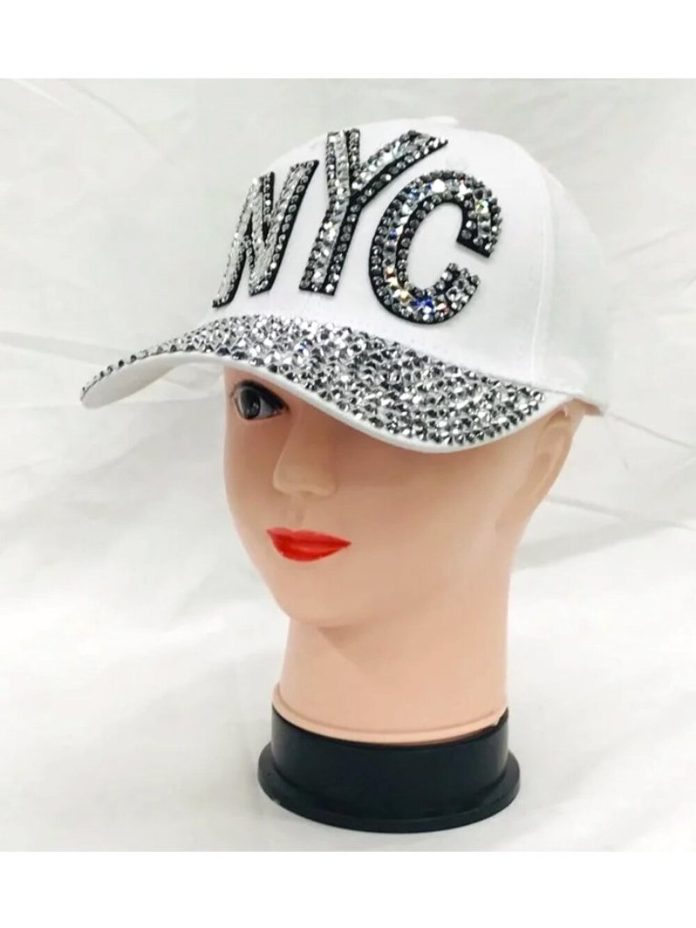 Women Fashion NYC Rhinestones Bling Bling Studs Cotton Baseball Cap - White